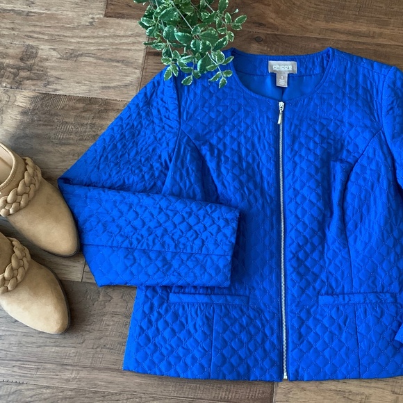 Chico's Jackets & Blazers - Chico's Bright Blue Quilted Zip Front Jewel Tone Blazer Jacket Dressy Party